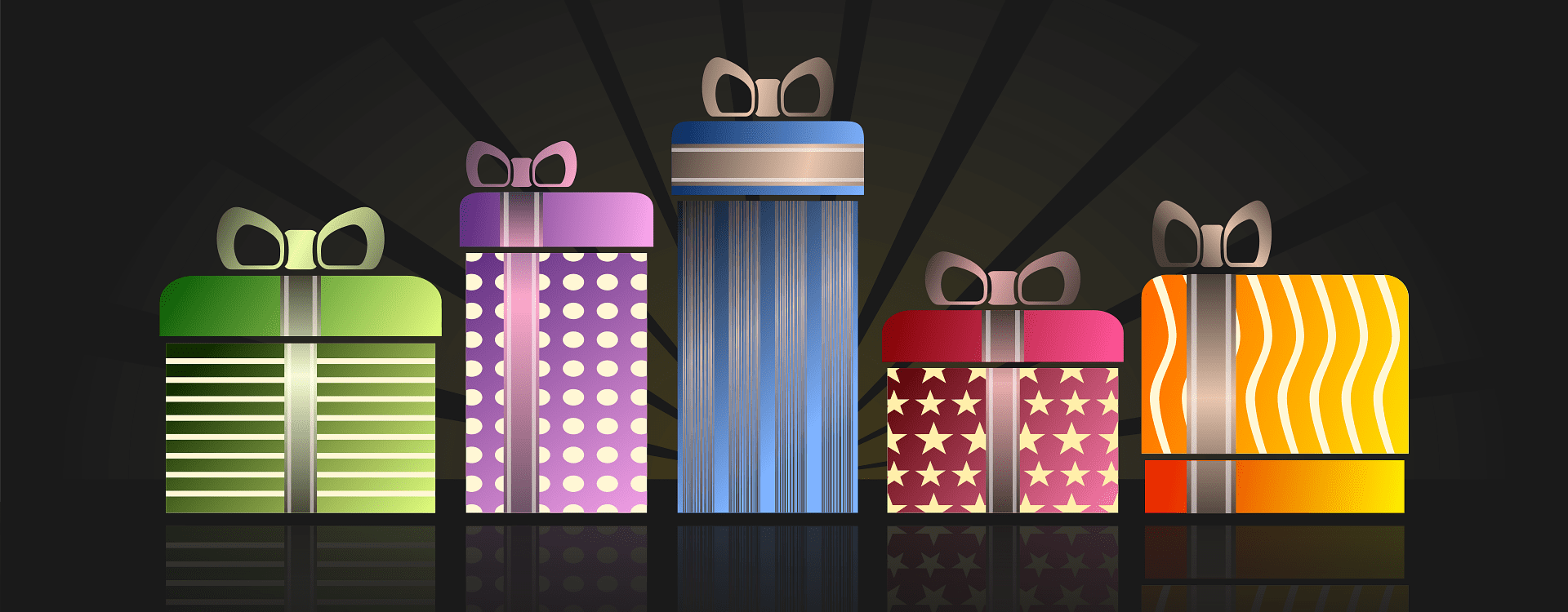 a-line-of-wrapped-gifts-in-boxes-on-a-black-background-with-red-blue-purple-and-green-wrapping-paper